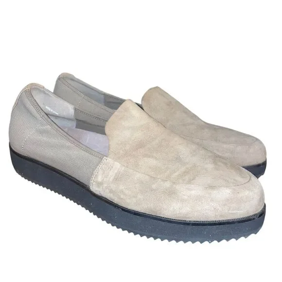 Eileen Fisher 9.5 Dell Suede and Mesh Platform Slip-On Taupe Loafers - Picture 2 of 6